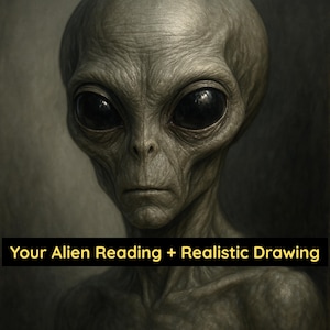 Könnte beinhalten: Realistische Zeichnung eines grauen Außerirdischen mit großen schwarzen Augen und ernstem Gesichtsausdruck. Der Text "Your Alien Reading + Realistic Drawing" befindet sich auf einem schwarzen Banner am unteren Bildrand.