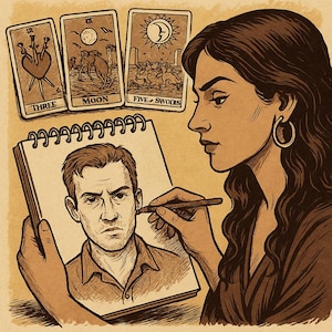 May include: Illustration with text: "WE SEE THEM - AND WE DRAW THEM!" and "THEY BETRAYED YOU - WE'LL DRAW THEIR FACE!". A woman draws a man's portrait. Tarot cards are above the woman's head. The cards are labeled "THREE", "MOON", and "FIVE of SWODIS".