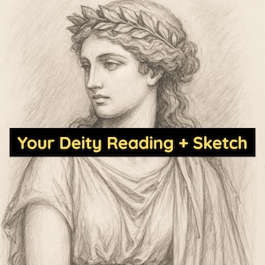Könnte beinhalten: Bleistiftskizze einer Frau mit Lorbeerkranz und drapierter Kleidung. Der Text "Your Deity Reading + Sketch" ist auf einem schwarzen Banner am unteren Bildrand zu sehen.