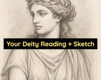 May include: A pencil sketch of a woman with a laurel wreath crown, wearing a draped garment. The text "Your Deity Reading + Sketch" is displayed on a black banner across the bottom of the image.