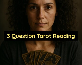 May include: A woman holding tarot cards, with the text "3 Question Tarot Reading" in a yellow font on a black background. The cards are gold and brown.