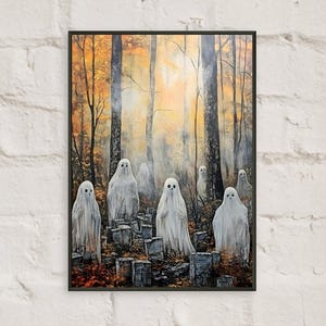Halloween Dekor, Geister im Wald Wandbild, Happy Halloween Herbst Dekor, Vintage Dark Academia Malerei, Saisonales Herbst Poster