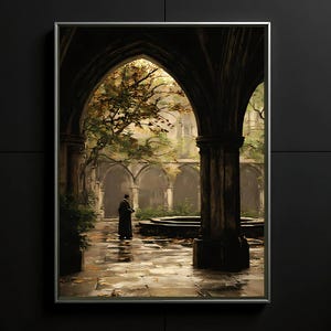Dark Academia Castle Courtyard Oil Painting: Moody Victorian Gothic Art