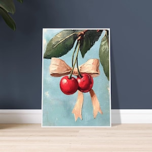 Poster classico con ciliegia vibrante, poster con carta semilucida e cornice in legno con ciliegia e fiocco, poster minimalista vintage con cornice in ciliegio e fiocco