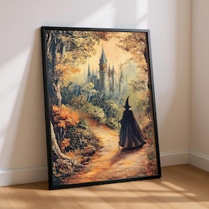 Halloween Dekor, Vintage Hexe Süßes oder Saures Poster, Saisonales Dark Fantasy Schloss, Magische Hexe Disney Gemälde