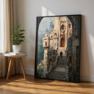 Poster di cavaliere fantasy oscuro in un castello, arte vintage di un castello medievale, decorazione da parete di Dark Academia, arte di base del cavaliere del castello incantato incorniciata