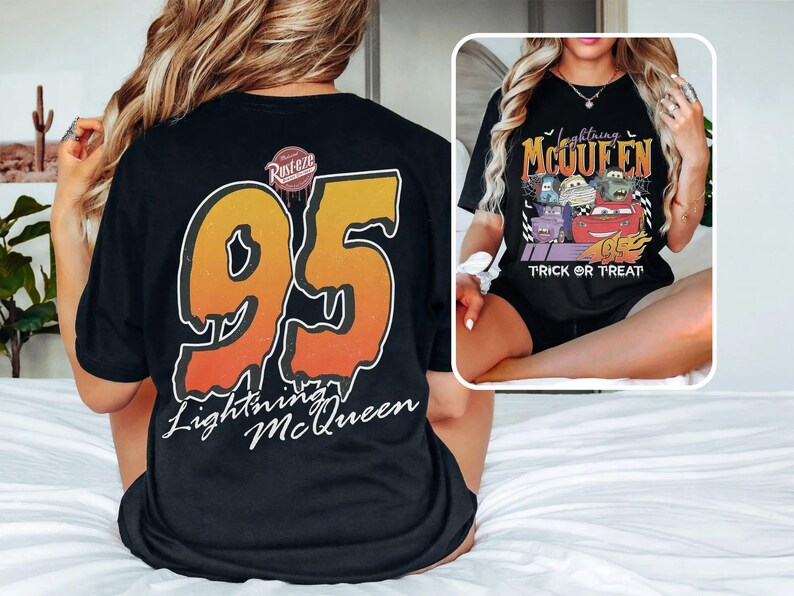 May include: Black t-shirt with a large orange and yellow number 95 graphic and "Lightning McQueen" text. The shirt also has a small "Rusteze" logo. A second image shows a black t-shirt with a "Lightning McQueen" Halloween design and the words "Trick or Treat".