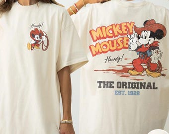 Camiseta retro de Mickey Mouse vaquero de doble cara, la original, camiseta de vaquero/vaquera del oeste de Disney, camiseta familiar a juego de Disneyland, camiseta Howdy