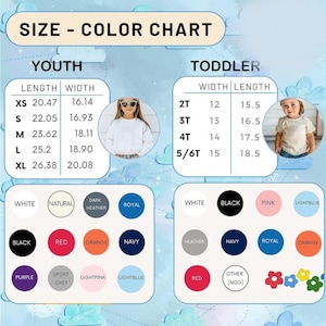 以下が含まれることがあります： 若者と幼児向けのサイズとカラーチャート。チャートには、若者サイズXSからXL、幼児サイズ2Tから5/6Tのインチ単位の測定値が含まれています。カラーオプションには、白、黒、赤、オレンジなどがあります。