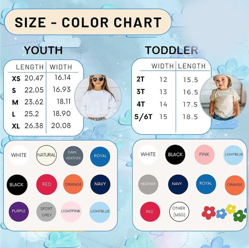 以下が含まれることがあります： 若者と幼児向けのサイズとカラーチャート。チャートには、若者サイズXSからXL、幼児サイズ2Tから5/6Tのインチ単位の測定値が含まれています。カラーオプションには、白、黒、赤、オレンジなどがあります。