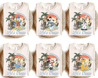 パーソナライズされたディズニーミッキー＆フレンズクルーズラインシャツ、ディズニーファミリー旅行シャツ、クルーズバースデーシャツ、レトロディズニークルーズシャツ、WDW