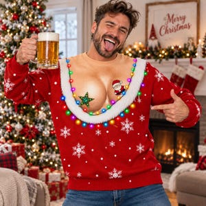 May include: A red long-sleeve jumper featuring a large scoop neckline trimmed with white faux fur. The jumper has a printed skin-tone chest area, a green star, a Santa Claus graphic, and a string of colourful LED lights around the neckline.