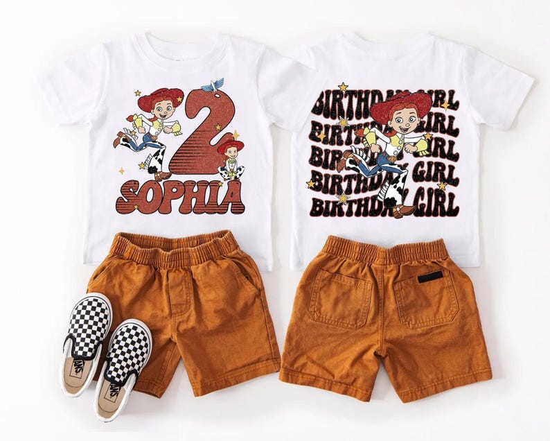May include: Two white t-shirts with a Jessie from Toy Story graphic, paired with orange shorts and black and white checkered slip-on shoes. One shirt says "Sophia" and "2". The other says "Birthday Girl".