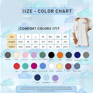 以下が含まれることがあります： Comfort Colors 1717 Tシャツのサイズとカラーチャート。 Sから4XLまでのサイズを表示し、長さと幅の測定値をインチで示しています。 カラーパレットには、ペッパー、アイボリー、ブロッサムなどの色が含まれています。 他の色についてはメッセージを送信するように書かれています。