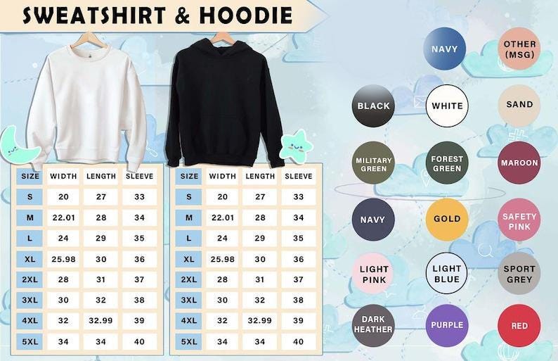 以下が含まれることがあります： 白いスウェットシャツと黒いパーカーがハンガーに掛けられています。サイズチャートには、幅、長さ、袖の寸法がcmで表示されています。カラーオプションには、黒、白、ネイビーなどがあります。