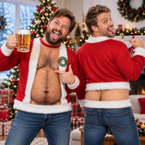 Peut inclure: Un pull de Noël rouge et blanc garni de fausse fourrure, orné d'un écusson vert circulaire avec un motif de Père Noël et le texte Naughty but Nice. Le pull est conçu avec une ouverture sur le devant et le dos pour exposer le ventre et le bas du dos.