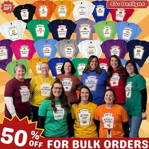 May include: A collection of colorful t-shirts featuring various condiment bottle graphics with text labels like Steak Sauce, Honey Mustard, and Sriracha Sauce. The image displays multiple shirt colors including green, yellow, orange, and blue.