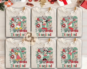Camiseta navideña vintage de Disneyland con todos los personajes, camiseta navideña de Mickey y sus amigos, camiseta navideña familiar de Disney, camiseta navideña de Disney