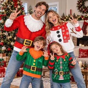 May include: A family of four wearing festive holiday sweatshirts. One adult wears a red Santa-themed sweatshirt, the other a white snowman-themed sweatshirt. Two children wear green elf-themed sweatshirts with striped sleeves and belt graphics.