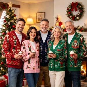 Peut inclure: Une collection de cinq gilets en tricot boutonnés ornés de motifs de casse-noisettes, de sucres d'orge et de flocons de neige. Les gilets sont rouges, roses, bleu marine et verts, certains personnalisés avec le prénom Sophia en écriture cursive.