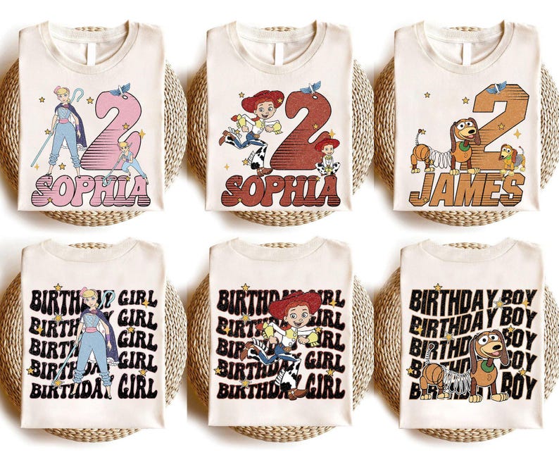 May include: Six cream-colored t-shirts with Toy Story graphics. Designs include characters like Bo Peep, Jessie, and Slinky Dog, with the number 2 and names like Sophia and James. Some shirts say "Birthday Girl" or "Birthday Boy".