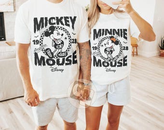 Vintage Disney Halloween Couple Shirt, Disney Trip Shirt, Retro Mickey Minnie Mouse Skeleton Halloween Shirts, Disney Family Halloween Shirt
