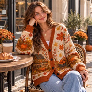 May include: A cream-coloured V-neck cardigan featuring a knit pattern of autumn leaves, pumpkins, and a small house. The garment has long sleeves with ribbed cuffs, a button-down front, and a solid burnt orange trim along the neckline and hem.