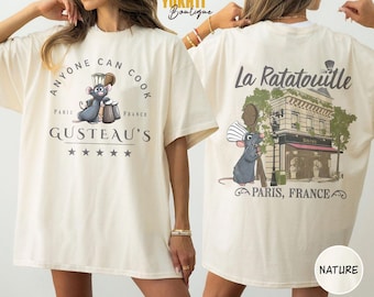 レトロなリトルシェフ レミー T シャツ、グストーのシャツ、レミー ディズニー シャツ、レミーのラタトゥイユ 誰でも料理できるシャツ、ディズニーのラタトゥイユ パリ シャツ