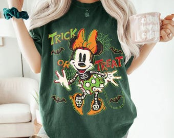 Retro Minnie Halloween Trick Or Treat-shirt, Disney Halloween Party-shirt, bijpassende Halloween-shirt, Minnie Skeleton Halloween-shirt