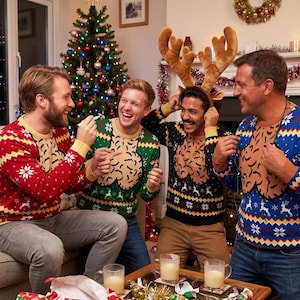 May include: Four jumpers featuring a tan chest panel with a brown scalloped edge, surrounded by red, green, black, and blue knit patterns with white snowflakes and reindeer motifs. One person wears brown plush reindeer antlers on their head.