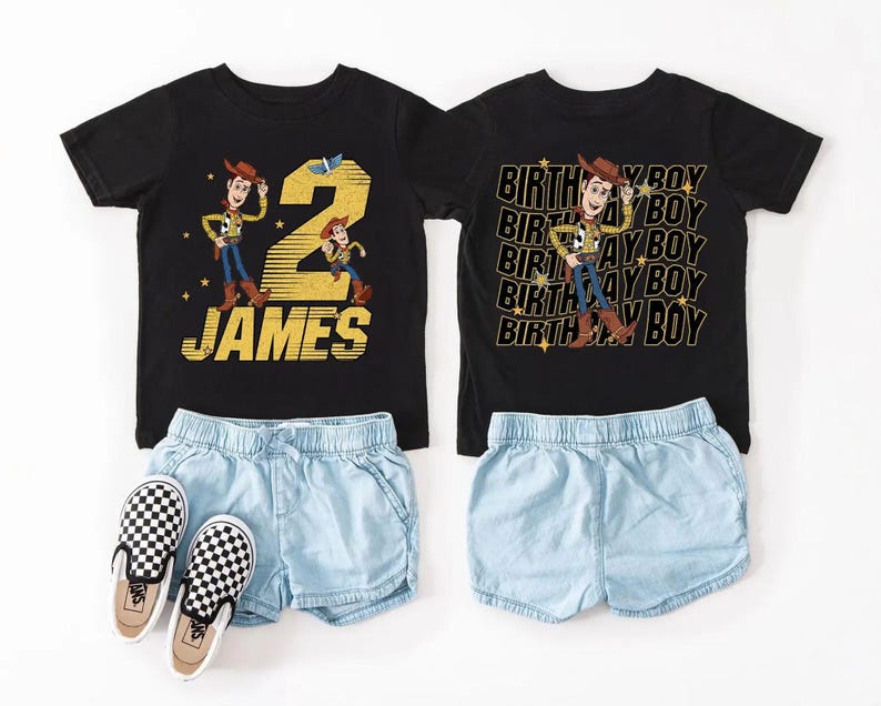 May include: Two black t-shirts with Woody from Toy Story graphics, paired with light blue denim shorts and checkered slip-on shoes. One shirt says "2 JAMES" and the other says "BIRTHDAY BOY".
