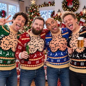 May include: Four long-sleeve knit jumpers featuring a festive holiday pattern with reindeer, snowflakes, and geometric borders. Each jumper displays a large, beige, textured graphic on the chest, with colours including green, red, blue, and black.