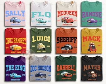 Benutzerdefinierte Disney Cars Charaktere Vintage Shirts, Familie passende Shirts, Lightning Mcqueen Shirt, Autos Spaß Geschenke, Disney Familien Reise Shirts