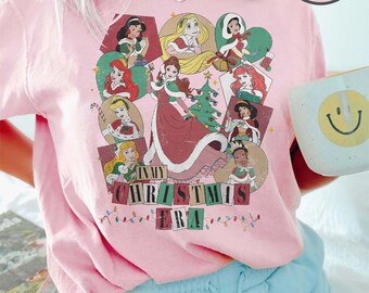 Camiseta navideña de princesas Disney de Comfort Colors, camiseta navideña de princesas, camiseta de la era navideña de princesas, sudadera navideña de princesas Disney