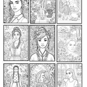 Floral Beauty Coloring Page – Elegant Woman  – Instant Download Printable PDF