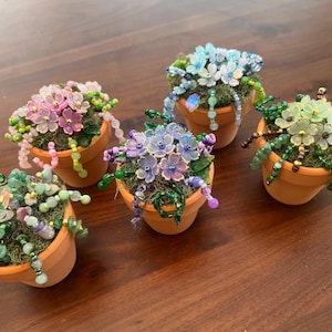 Op de afbeelding: Vijf kleine terracotta potten, elk gevuld met mos en kralenbloemen in verschillende kleuren. De bloemen zijn onder meer roze, blauw, paars en groen, met kralenaccenten. De potten zijn gerangschikt op een donker houten oppervlak.