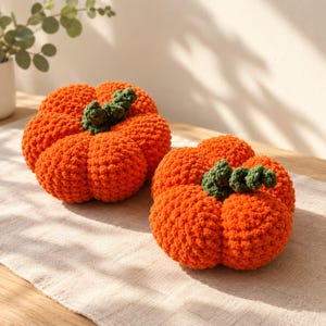 May include: Two handmade crochet pumpkins featuring bright orange yarn bodies with textured, rounded segments and dark green stems. The pumpkins are crafted with a thick, soft yarn, creating a plush, rounded appearance with visible stitching.