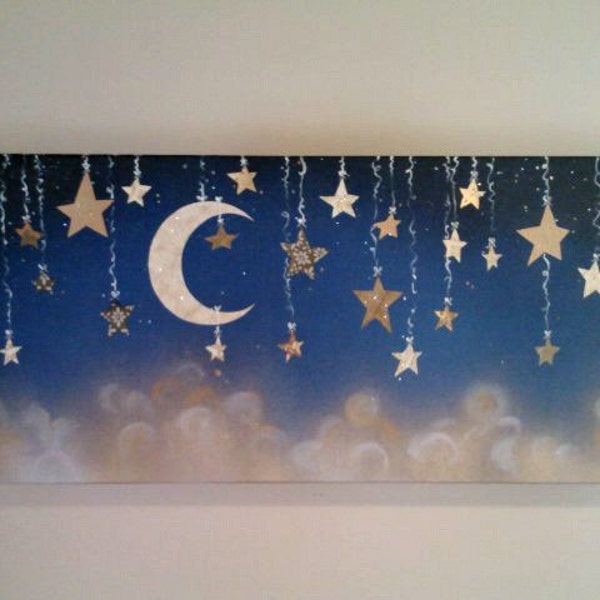 Starry Night with hanging stars and moon in gold in cut paper and paint wall hanging 1