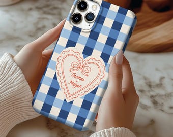Personalized Couple Phone Case, Blue Gingham Heart with Custom Names, Rustic Romantic Anniversary Wedding Engagement Gift for Her