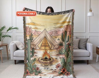 Personalized Desert Camping Woven Blanket, Custom Name Date Southwest Throw, Boho Adventure Blanket, Personalized Blanket, Travel Blanket