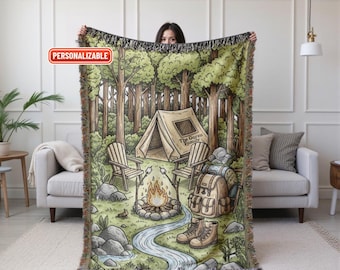 Manta tejida personalizada para acampar, manta rústica para fogata, decoración de aventura al aire libre, regalo para senderismo y campistas, manta tejida con escenas naturales