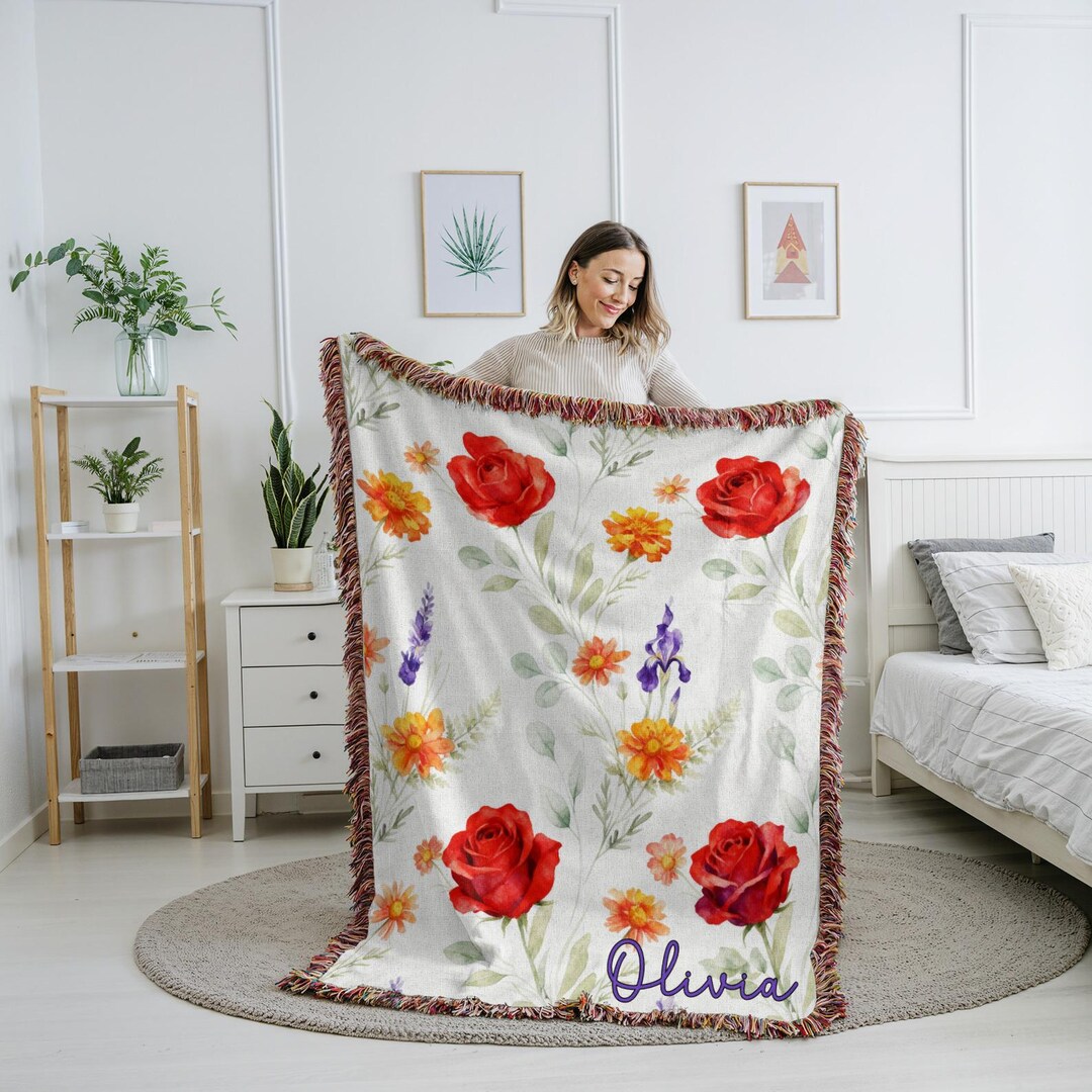 Personalized Vintage Red Roses Floral Woven Throw Blanket, Cottagecore ...