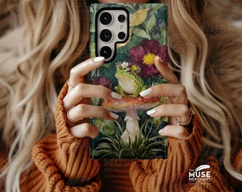 Gepersonaliseerde kikker telefoonhoesje, Cottagecore Mushroom-hoesje, aangepaste naam iPhone, Samsung en Google Pixel Tough-hoesje, grappig natuurcadeau