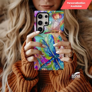 Custodia per telefono in vetro colorato con libellula per Google Pixel e Samsung, mosaico di libellula, finto vetro colorato, custodia per telefono personalizzata da regalare a lui e a lei