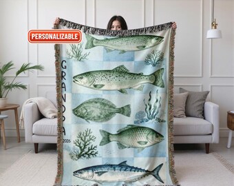 Vintage Fish Illustration Woven Blanket, Nautical Fishing Cabin Decor, Lake House Throw Blanket, Custom Gift for him, Dad, Father's Day Gift