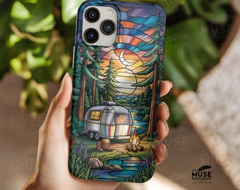 MagSafe Tough iPhone Case, Retro Camper & Wilderness, iPhone 14 15 16 17 Cover, Faux Stained Glass Camping Cover, Campers and Travelers gift