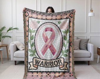 Geweven deken Breast Cancer Warrior, roze lintmozaïekworp, ondersteuningscadeau voor vechter moeder vriend, remissieviering