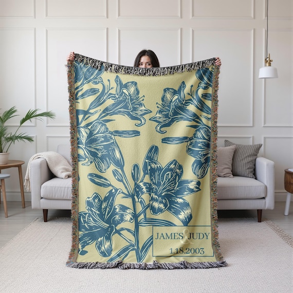 Personalized Lily Floral Blanket, Custom name and date throw, Wedding Anniversary Blankets, Couple keepsake git, Custom Names Blanket