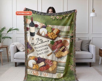 Personalized Picnic Woven Blanket, Custom Family Name Blanket, Outdoor Picnic Throw, Cheese & Charcuterie gift, Couple gift