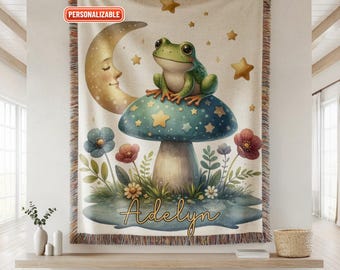 Personalized Frog Woven Blanket, Custom Name Kids Throw, Cottagecore Mushroom Blanket, Moon & Stars Nursery Decor, Whimsical Baby Gift